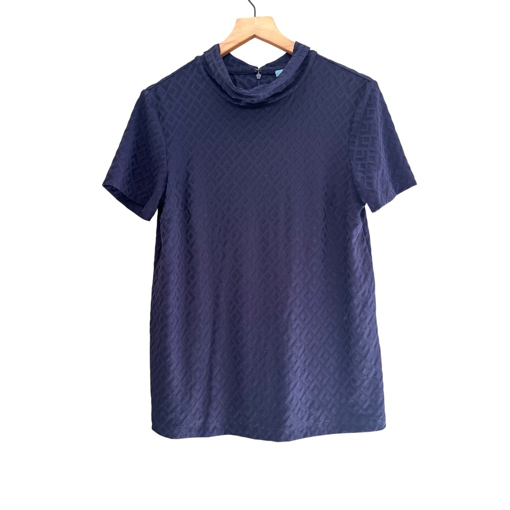 J.McLaughlin Navy Blue Geometric Jacquard Cowl Neck‎ Short Sleeve Top Medium